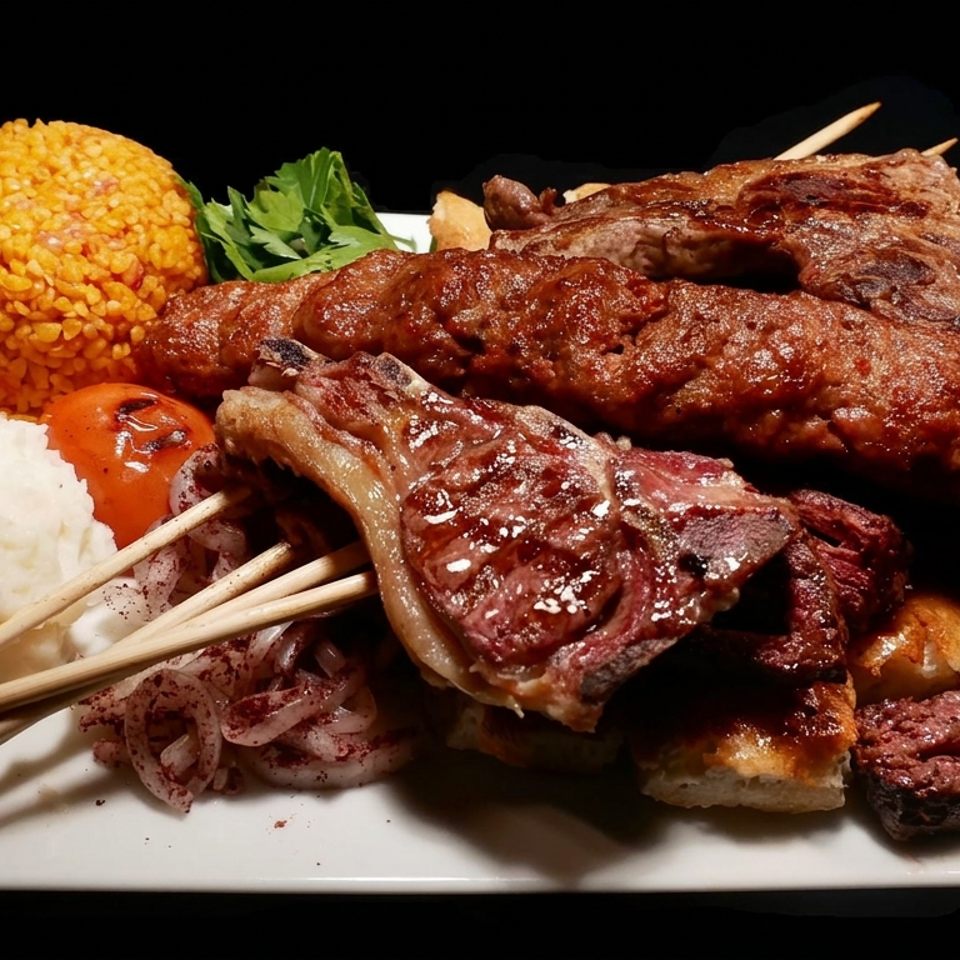 Platter of grilled meat skewers, rice, mashed potatoes, roasted tomatoes, peppers, onions, and parsley.