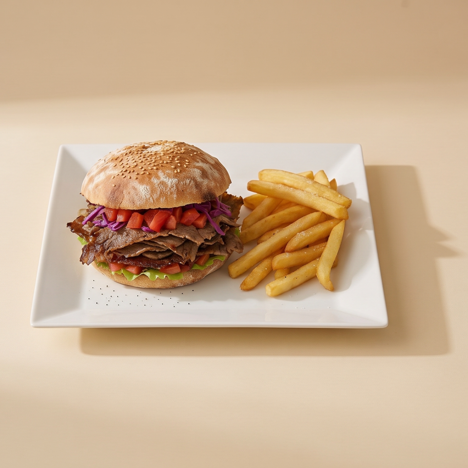 Sesame-seed burger with layered meat, lettuce, tomatoes, and purple cabbage served with golden fries on a white plate.