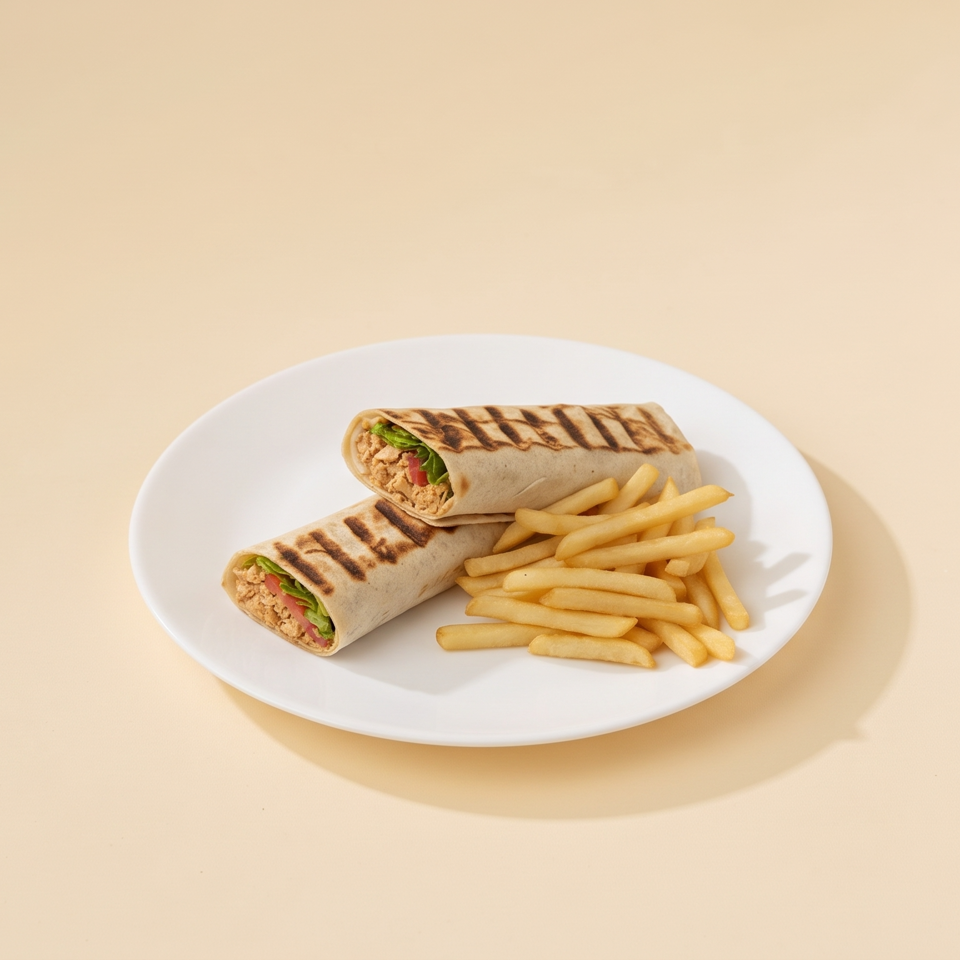 Two grilled chicken wraps with lettuce and tomato served alongside golden French fries on a white plate.