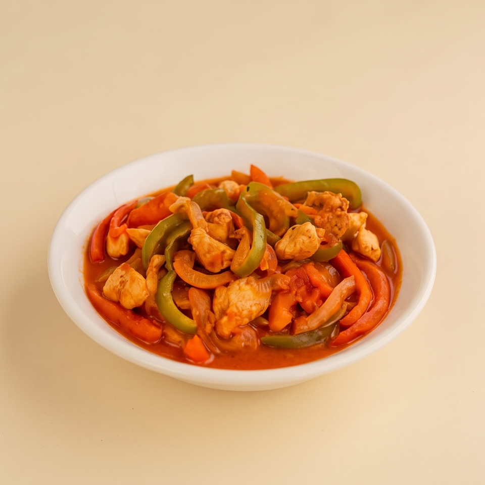Bowl of chicken and mixed bell peppers in a rich red sauce on a beige tabletop.