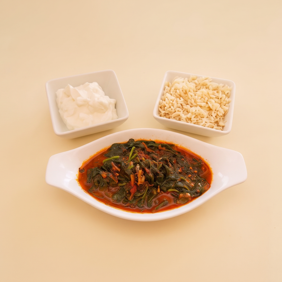 Spicy leafy vegetable stew served in a white dish with bowls of rice and creamy sauce on a beige table.