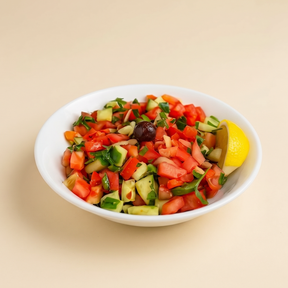 Bowl of chopped tomato, cucumber, herbs, and olives garnished with a lemon wedge.