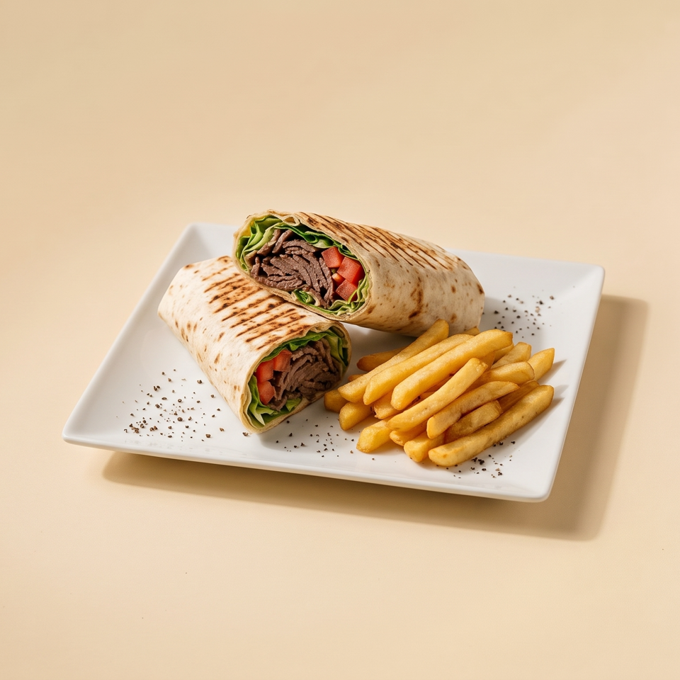 Two grilled beef and vegetable wraps served with golden fries on a white plate.