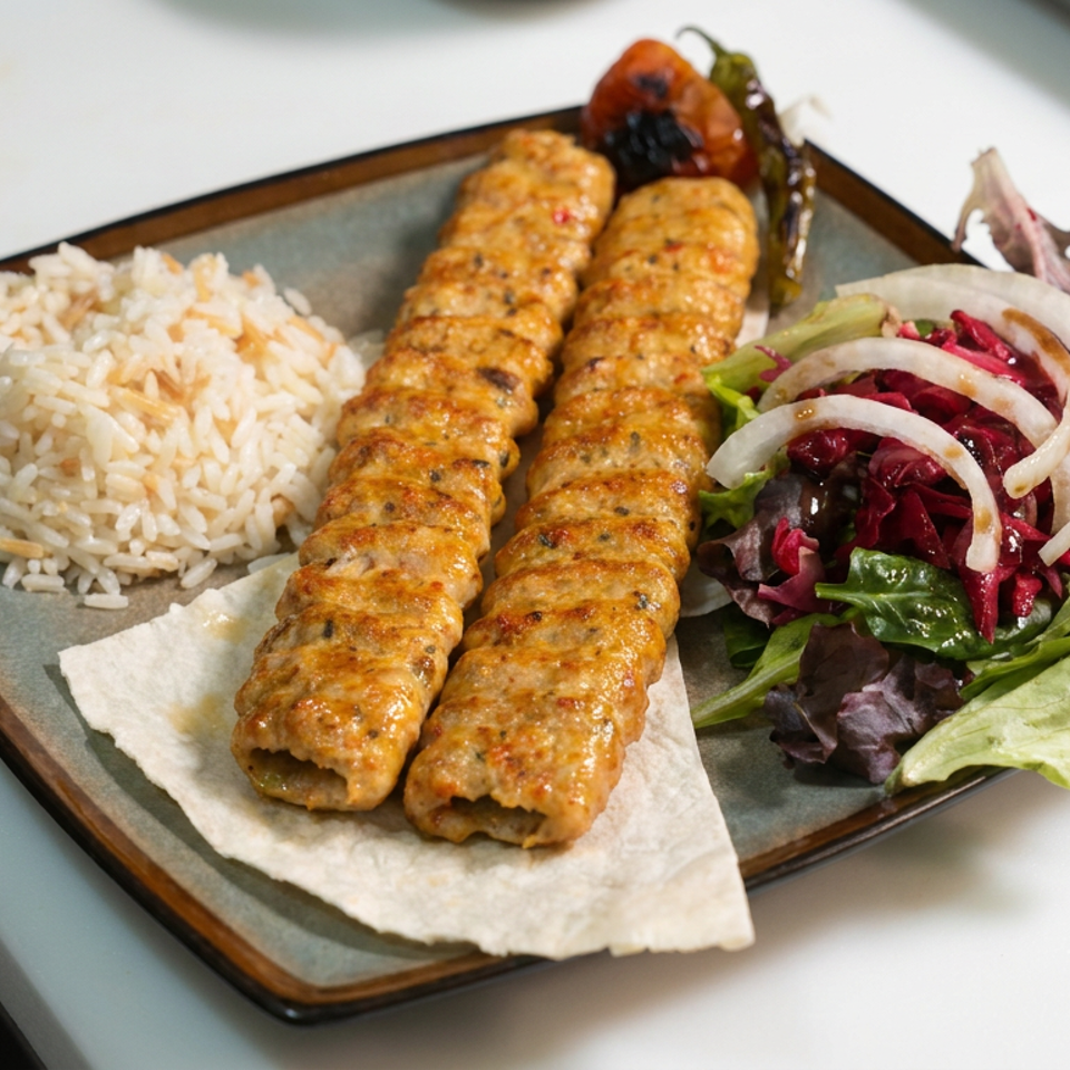 Plate of two grilled kebabs served with white rice, mixed salad, sliced onions, and grilled vegetables.
