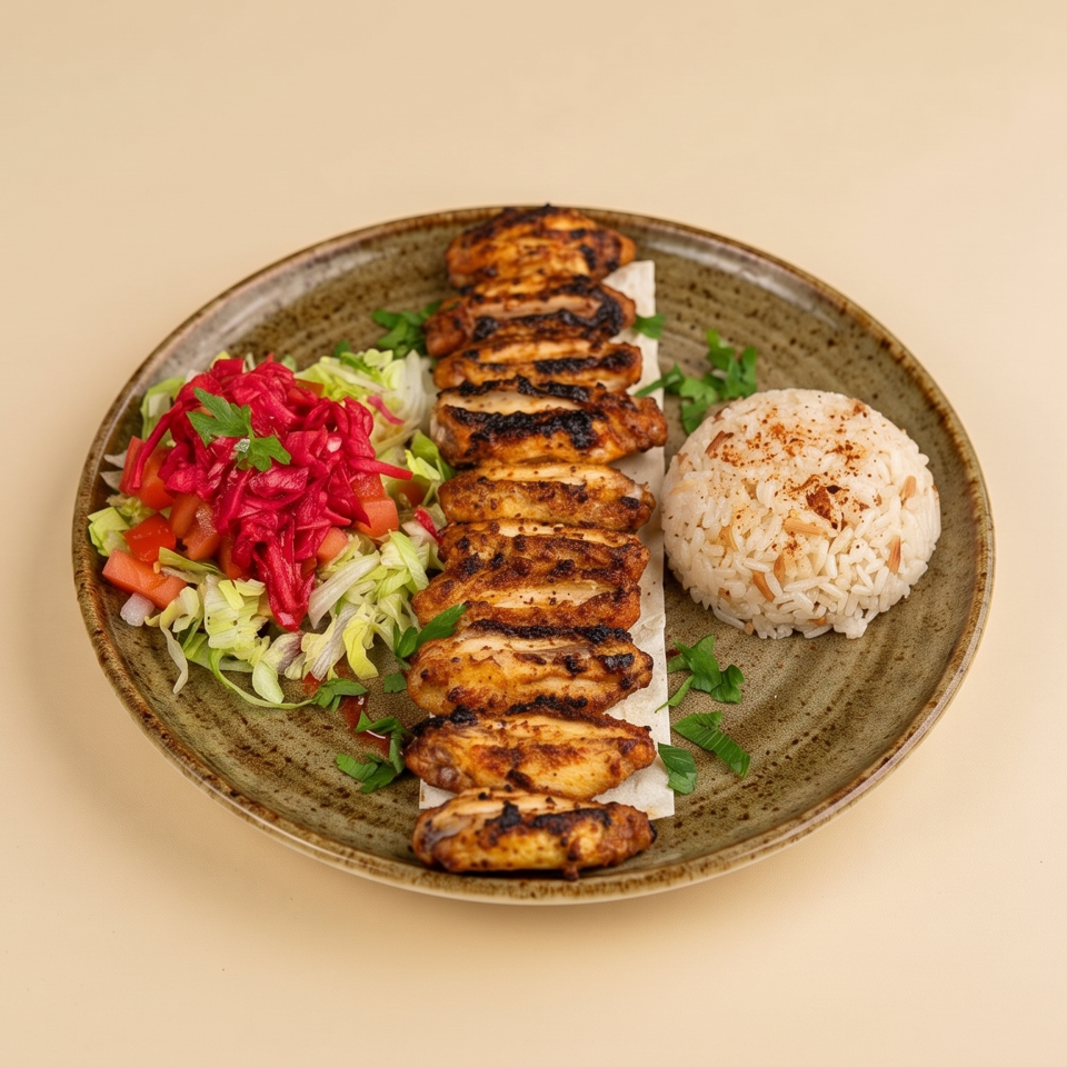 Grilled chicken skewers served with seasoned rice, chopped salad, pickled cabbage, and fresh herbs on a ceramic plate.