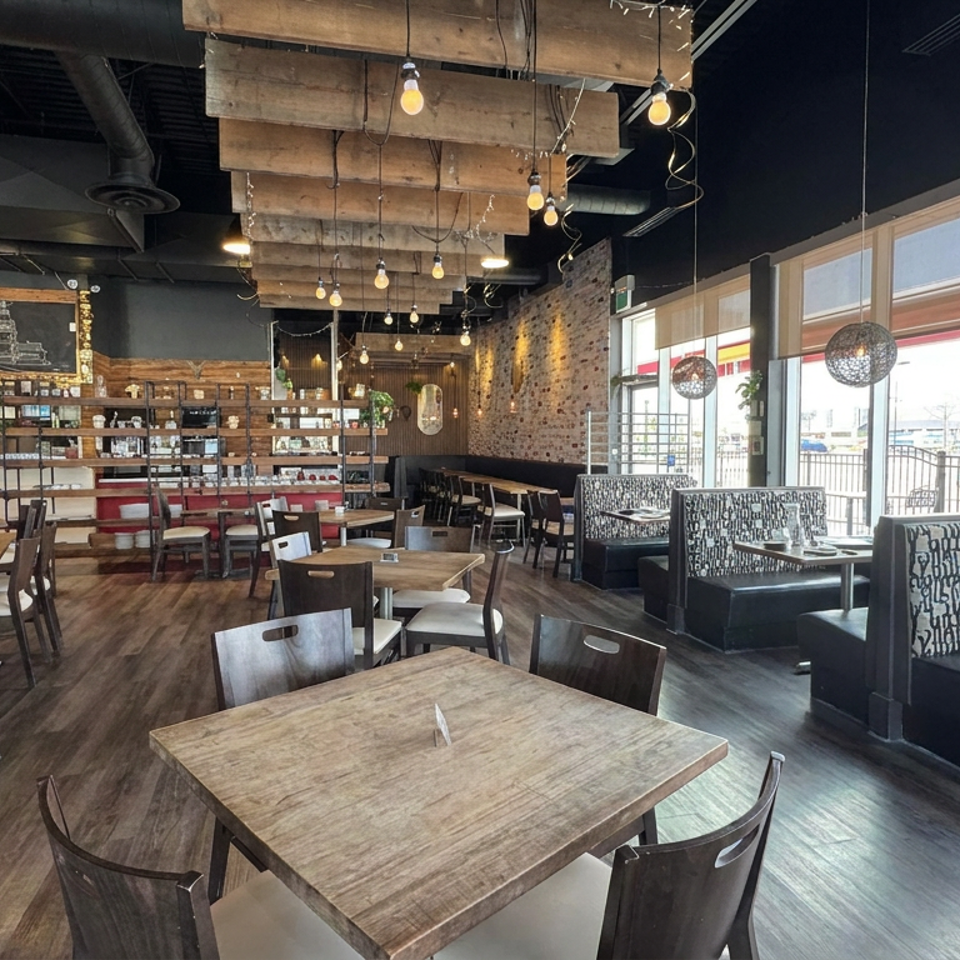 Spacious modern restaurant dining room with wooden tables, patterned booths, exposed brick, hanging lights, and large sunlit windows.