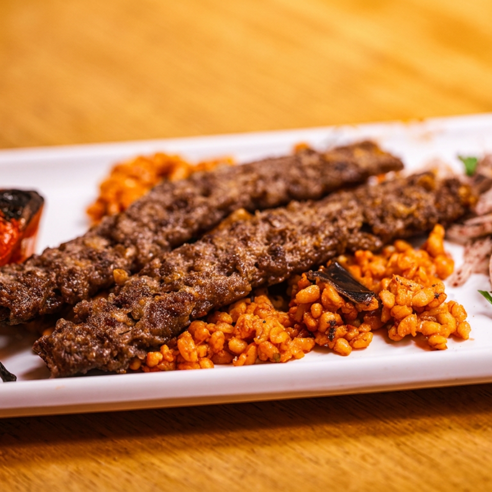 Grilled kebabs with bulgur, roasted peppers, and herb-topped onion salad arranged on a white platter.